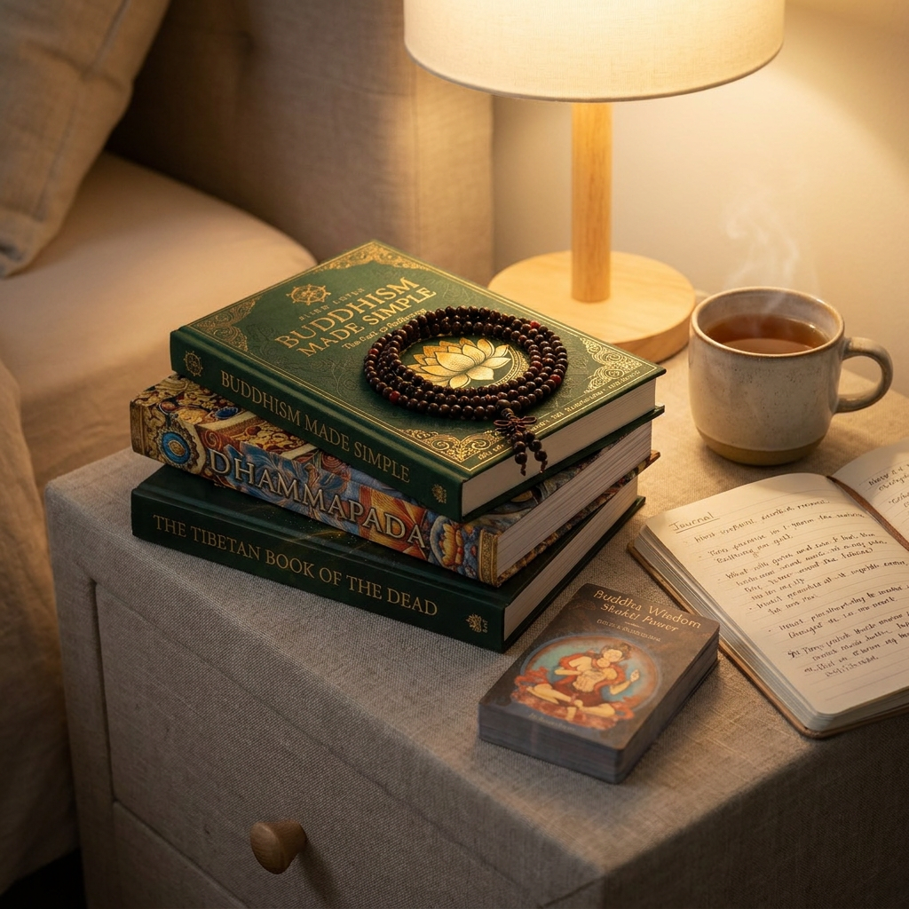 The Complete Buddhist Set stacked on a bedside table