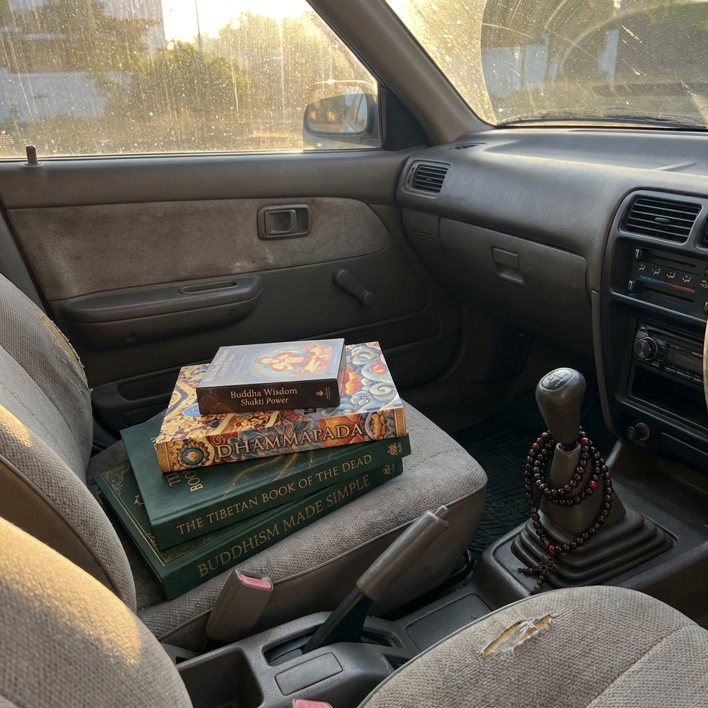 The Complete Buddhist Set stacked on a car seat