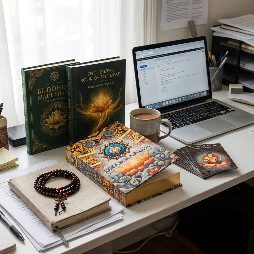 The Complete Buddhist Set on a home office desk