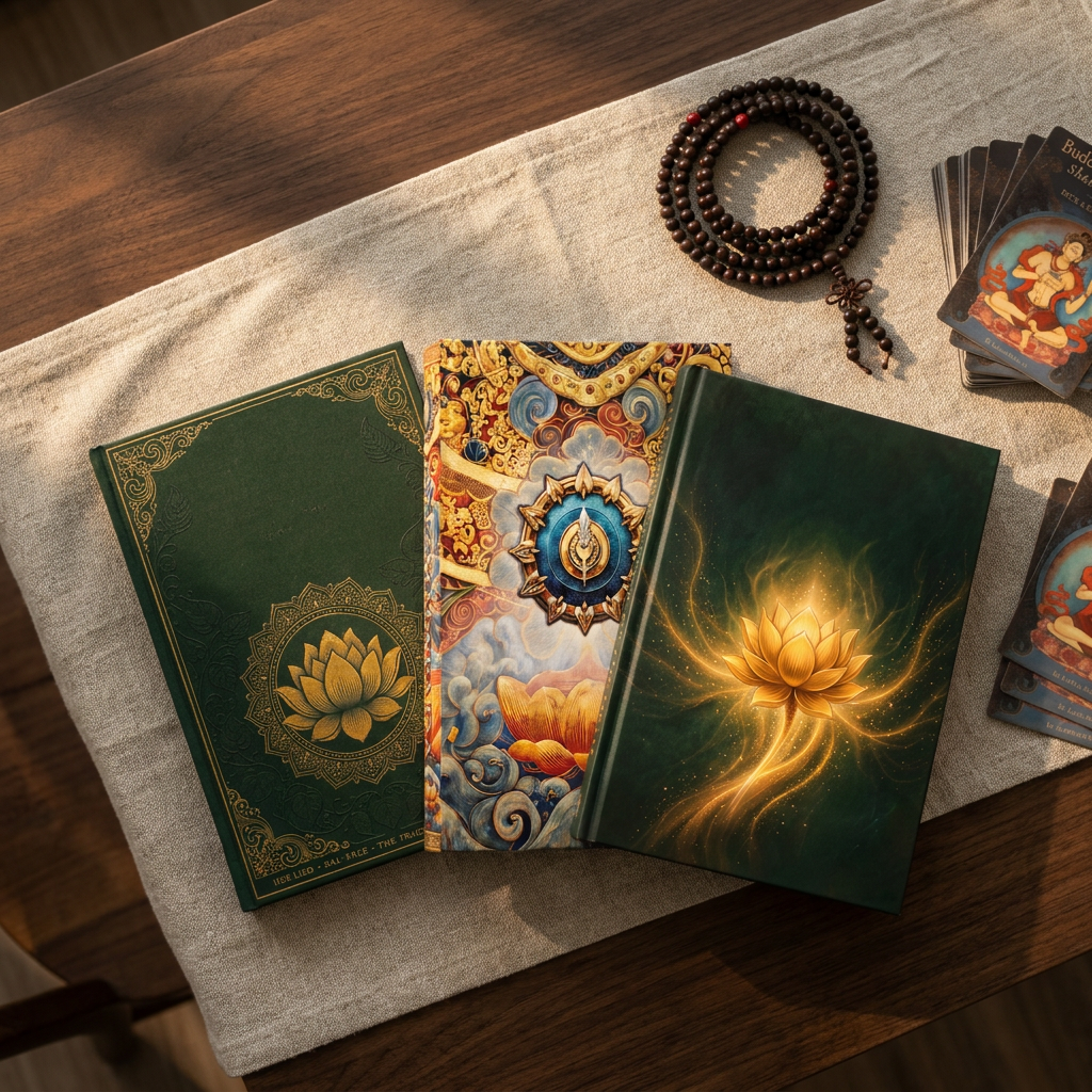 The Complete Buddhist Set laid out - Buddhism Made Simple, The Dhammapada, The Tibetan Book of the Dead, wisdom cards and mala