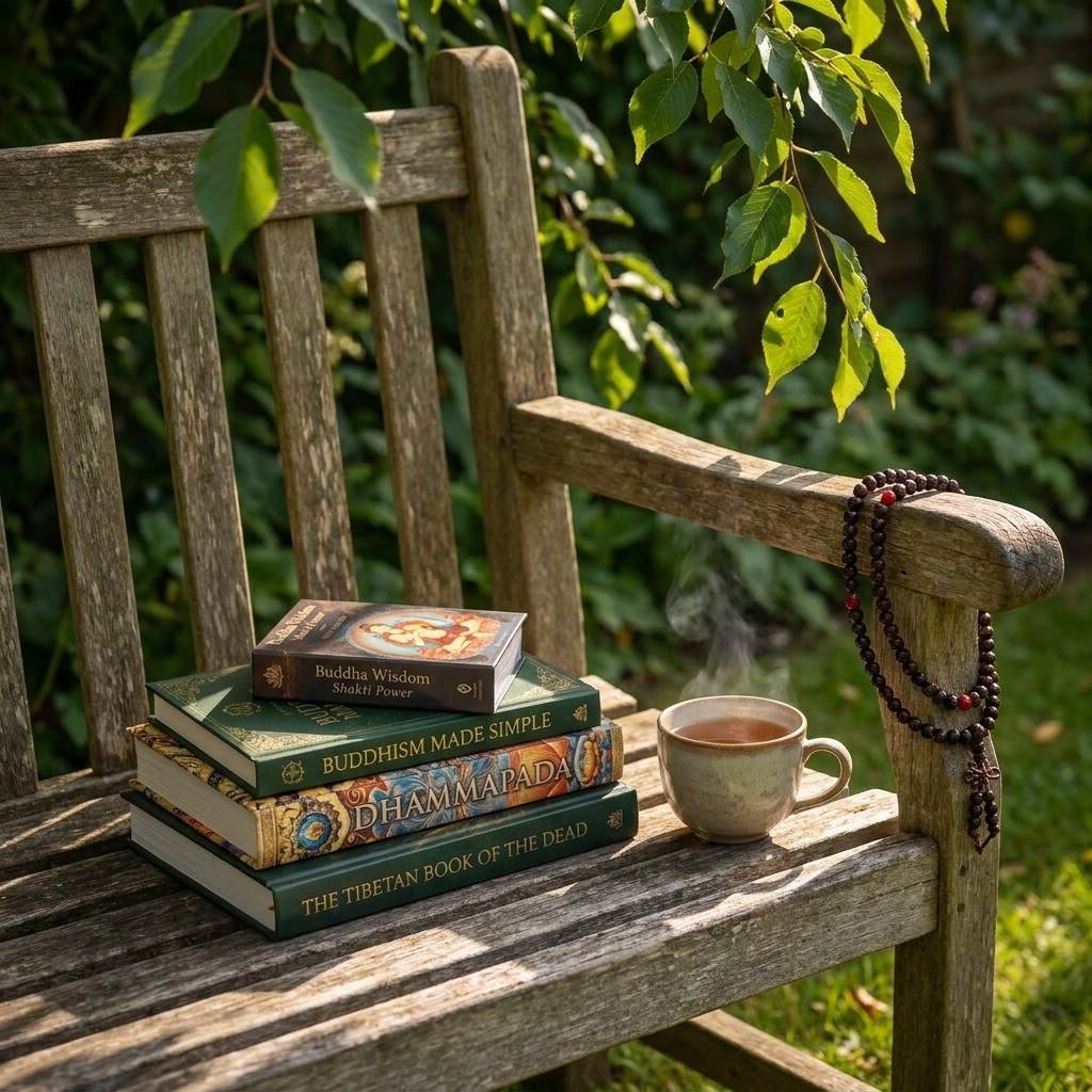 The Complete Buddhist Set on a garden bench with tea