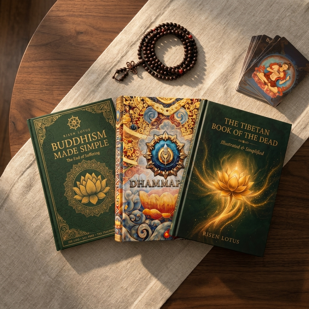 Buddhism Made Simple, The Dhammapada and The Tibetan Book of the Dead laid out with the mala and wisdom cards