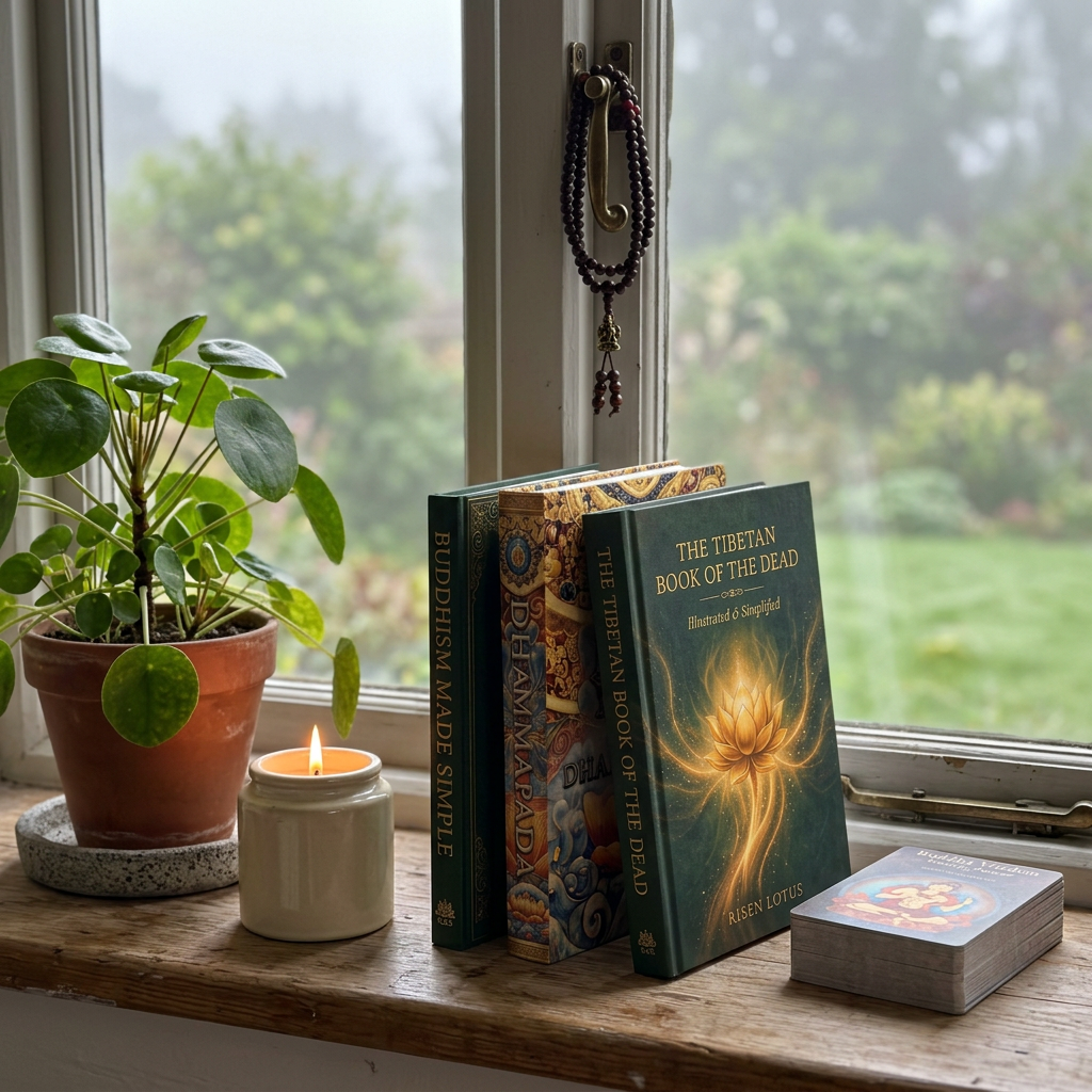 The Complete Buddhist Set on a windowsill with a candle