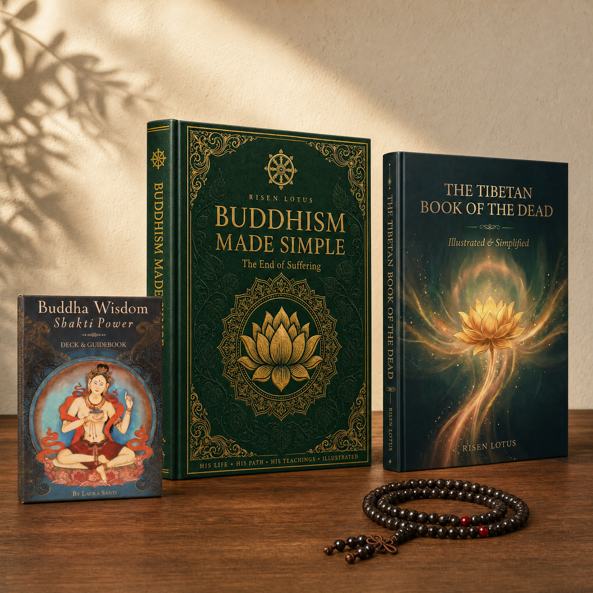 Buddhism Made Simple, The Tibetan Book of the Dead, The Wisdom Cards of Lotus and The Dharma Mala
